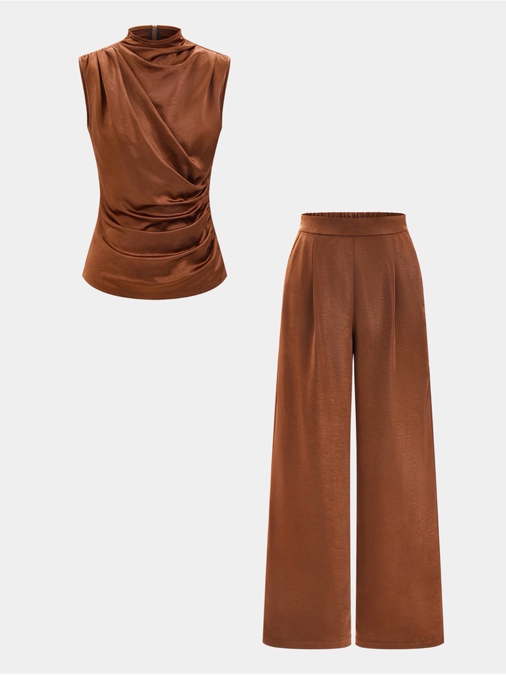 Commense Satin Ruched Sleeveless Top & Wide-Leg Pants Set